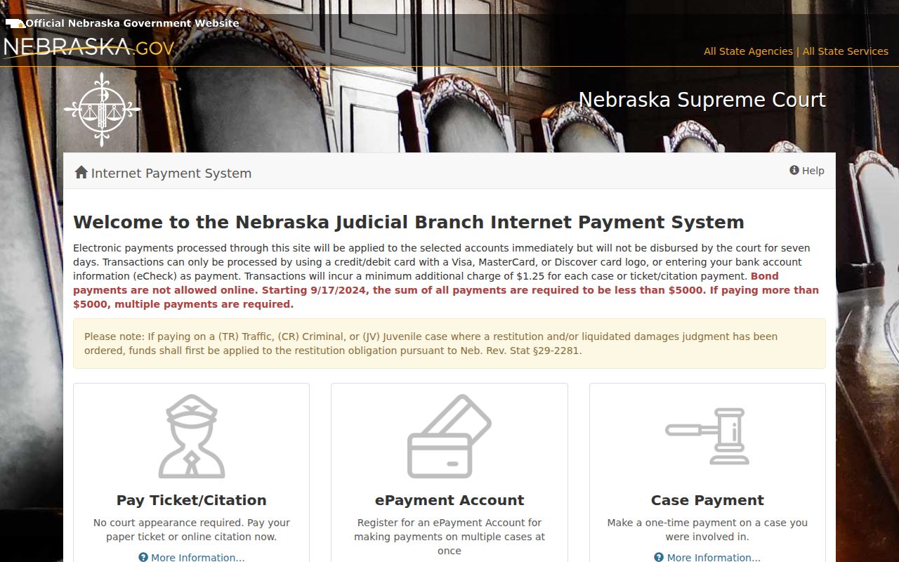 Official Nebraska courts ePayments traffic and fine interface, Kearney County warrant records