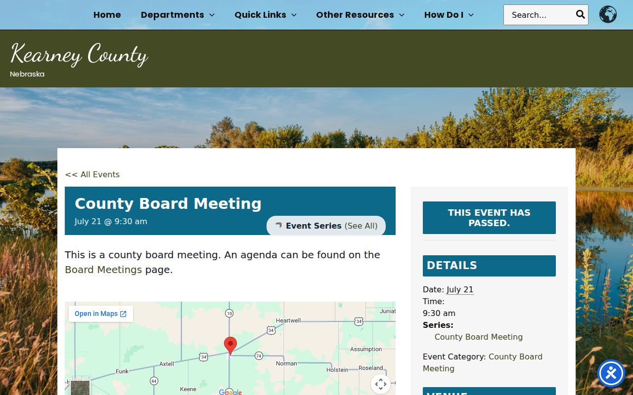 Official Kearney County page confirming the courthouse address, Kearney County warrant records