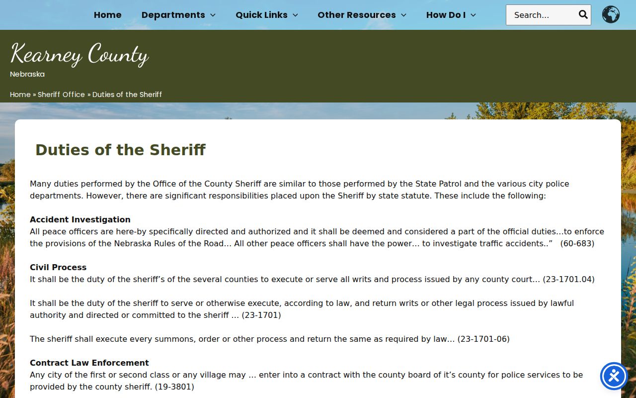 Official Kearney County Sheriff statutory duties page, Kearney County warrant records
