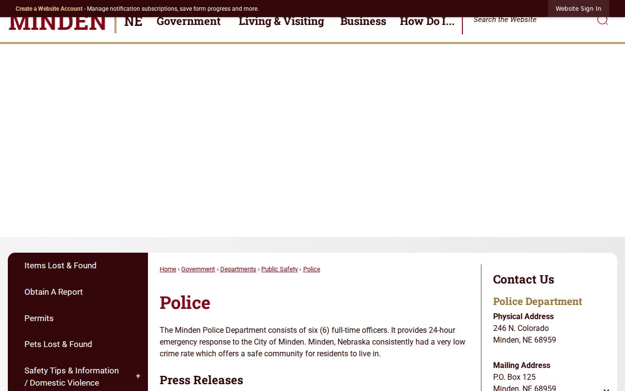 Official Minden Police information page, Kearney County warrant records