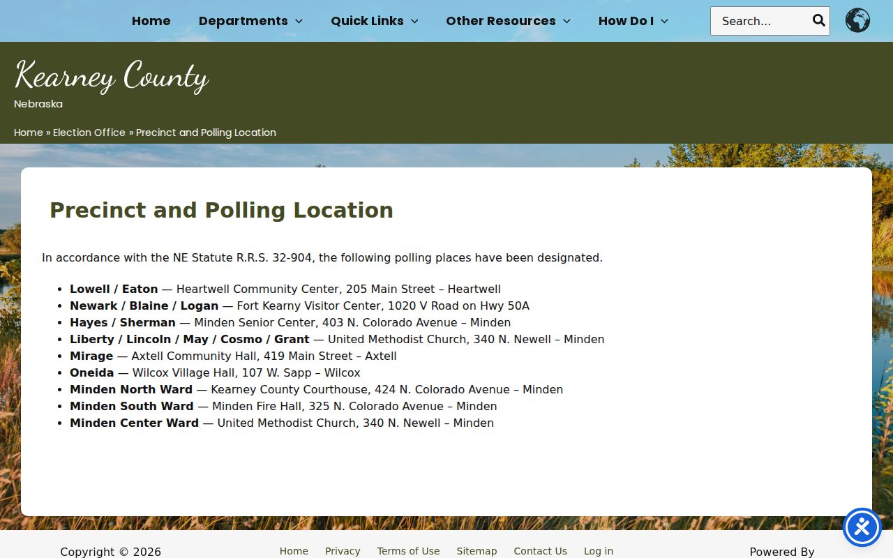 Official Kearney County civic-location page with Axtell Community Hall, Kearney County warrant records