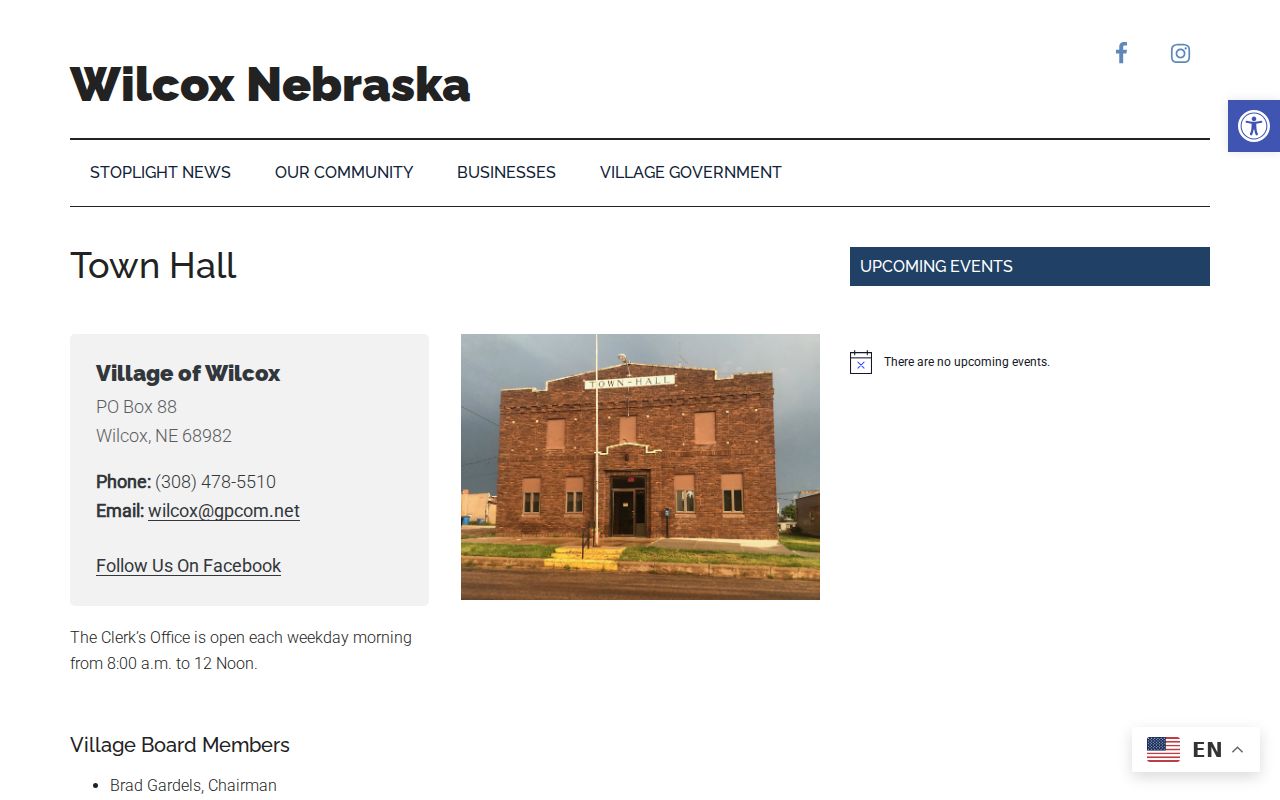 Official Wilcox Town Hall page with village and Sheriff routing, Kearney County warrant records