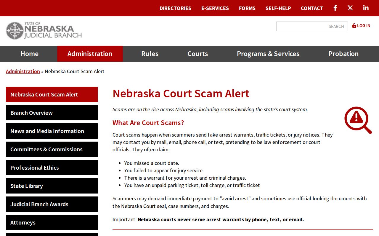 Nebraska Judicial Branch warning about arrest-warrant payment scams, Kearney County warrant records