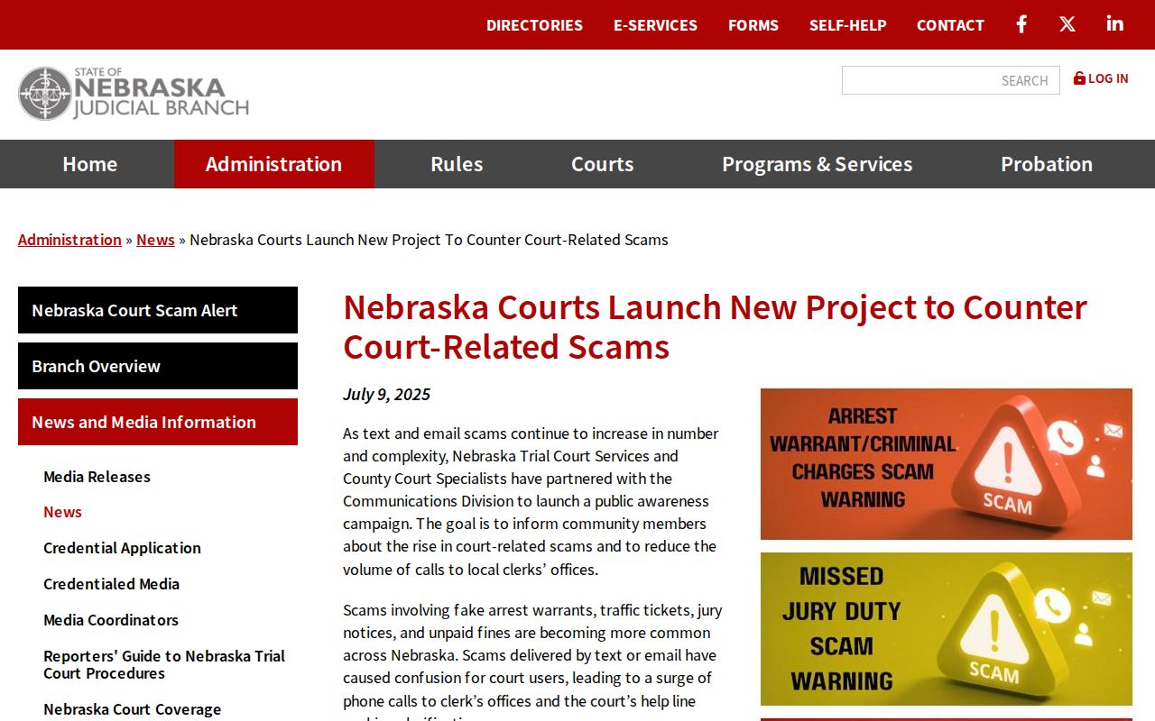 Official Nebraska court anti-scam project notice, Kearney County warrant records