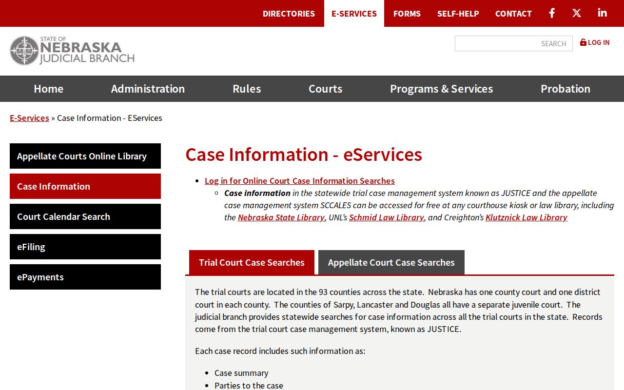Nebraska JUSTICE public trial-court case information interface, Kearney County warrant records