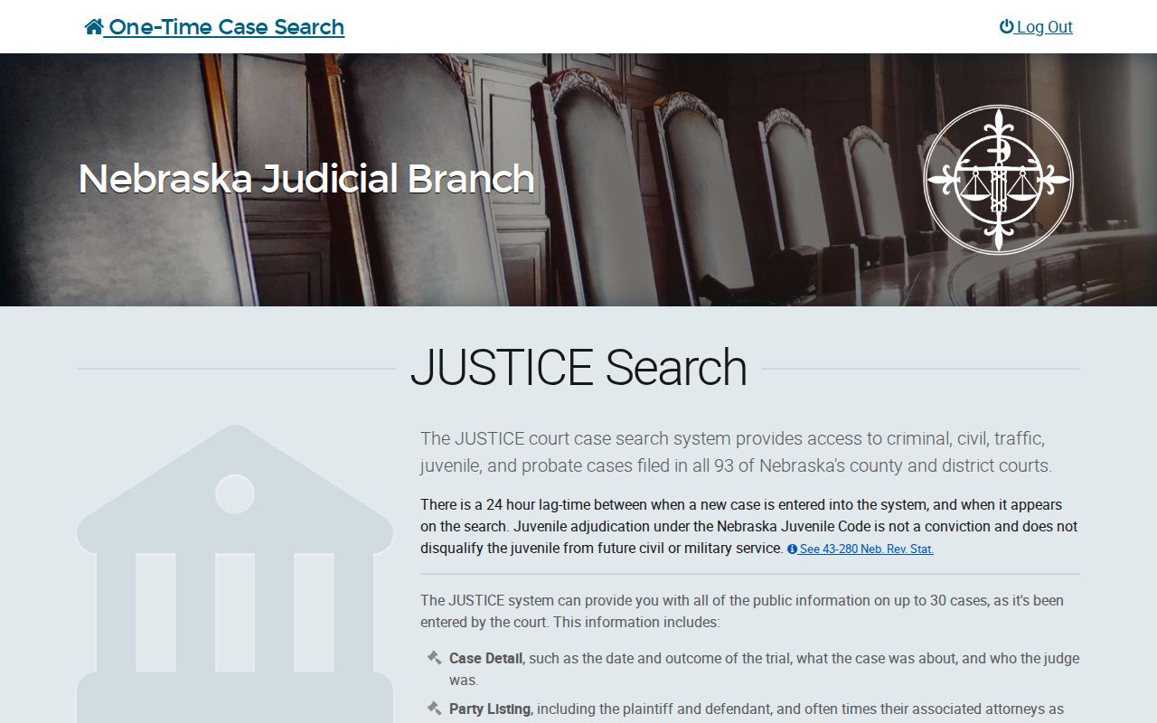 Official Nebraska JUSTICE one-time public case-name search entry, Kearney County warrant records