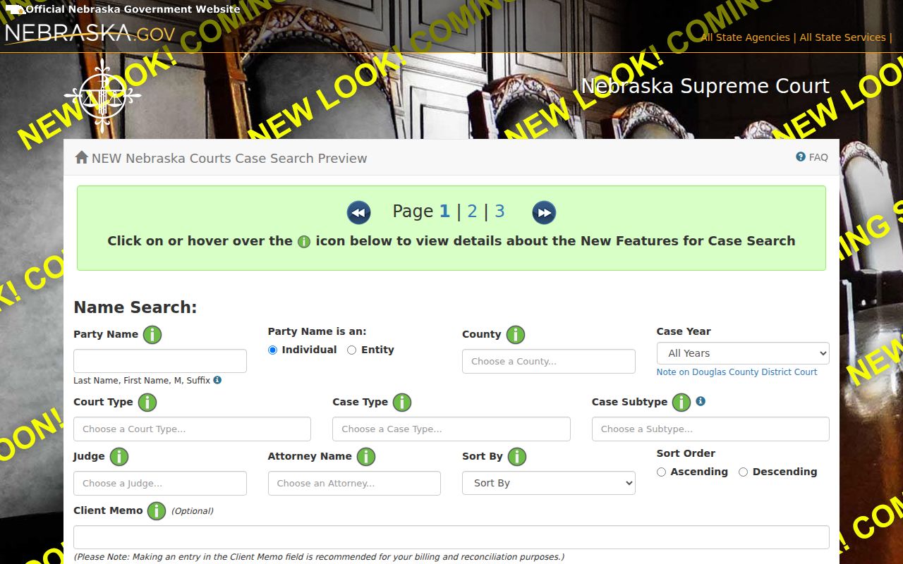 Official Nebraska JUSTICE search fields preview, Kearney County warrant records